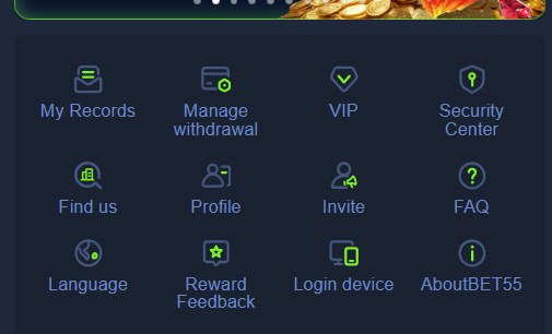 Bet555 profile menu with VIP invite FAQ and security center