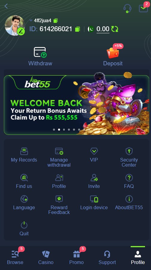 Bet555 Game profile with deposit withdraw and welcome bonus banner